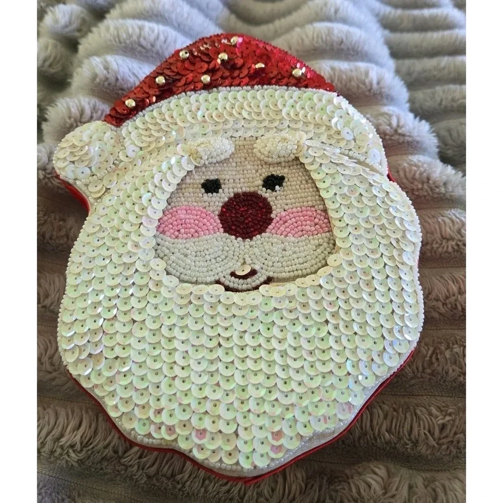 Santa Claus Beaded Sequin Trinket Box Red Satin Christmas Holiday Decor Handmade
